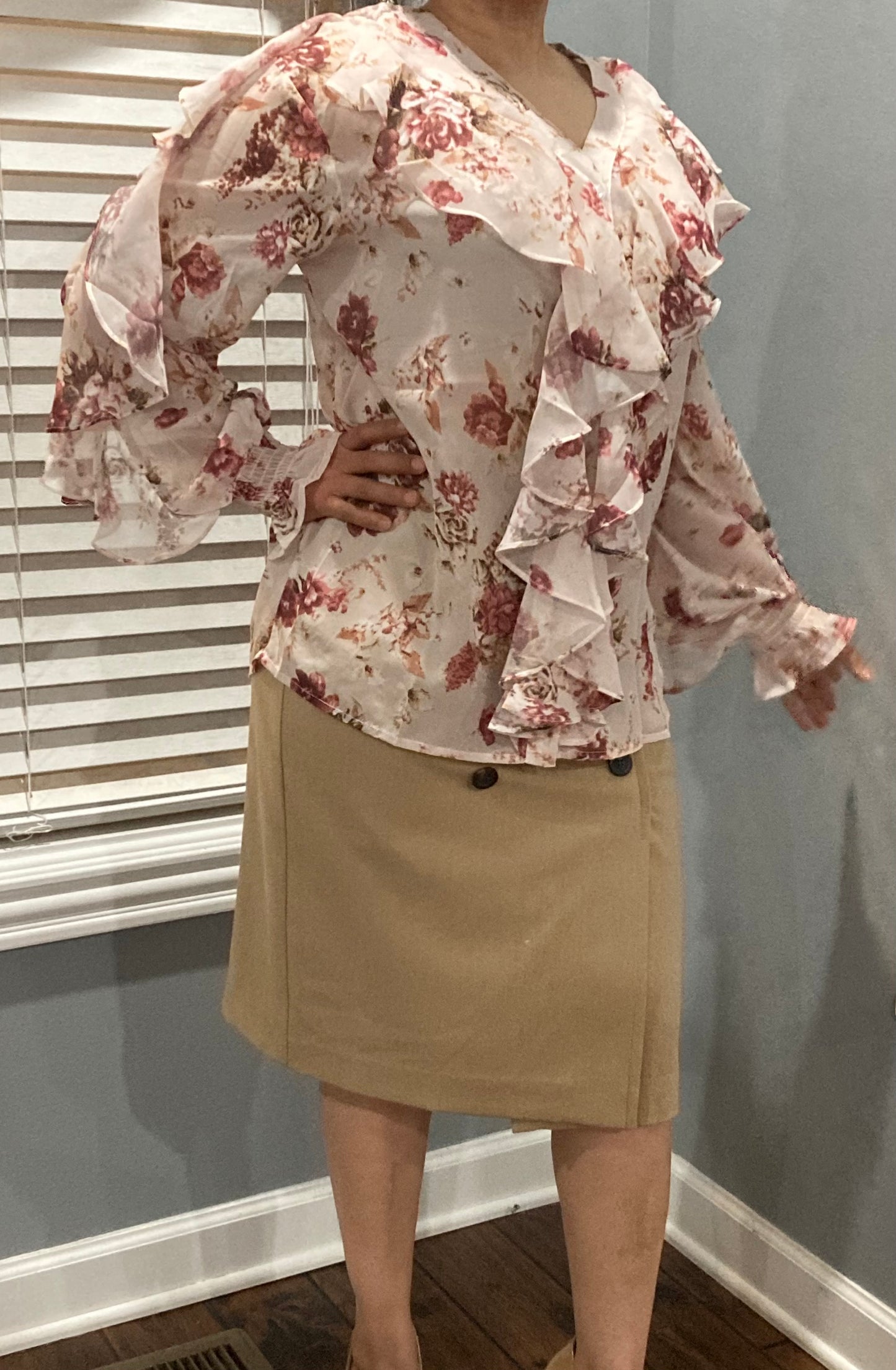 Summer-Fall Ruffled Floral Print Button Blouse