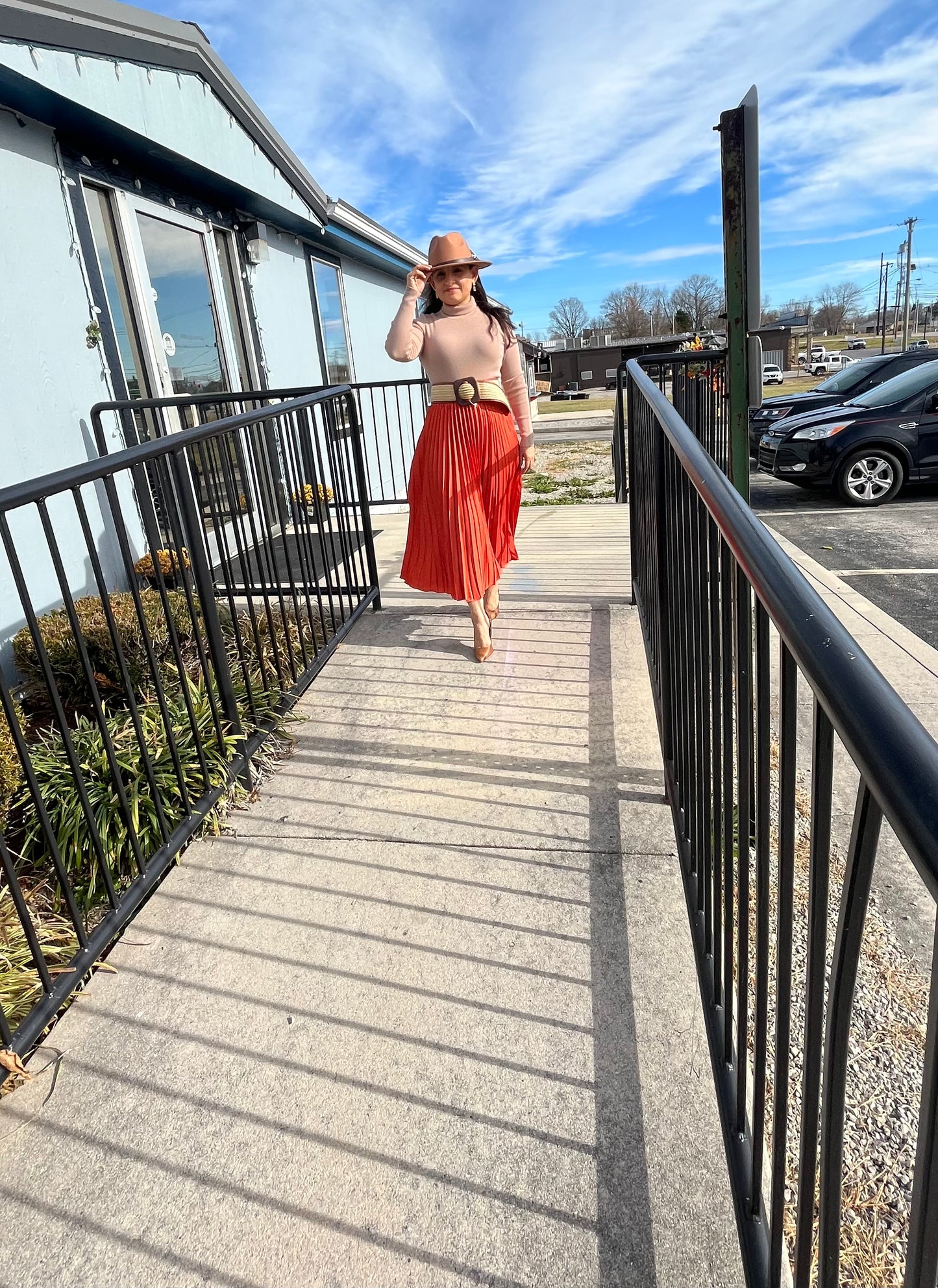 Orange Pleated Skirt