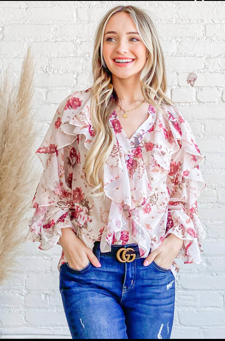 Summer-Fall Ruffled Floral Print Button Blouse