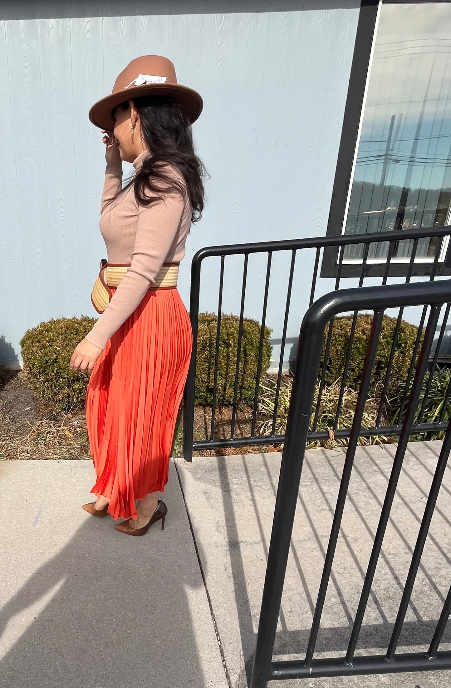 Orange Pleated Skirt