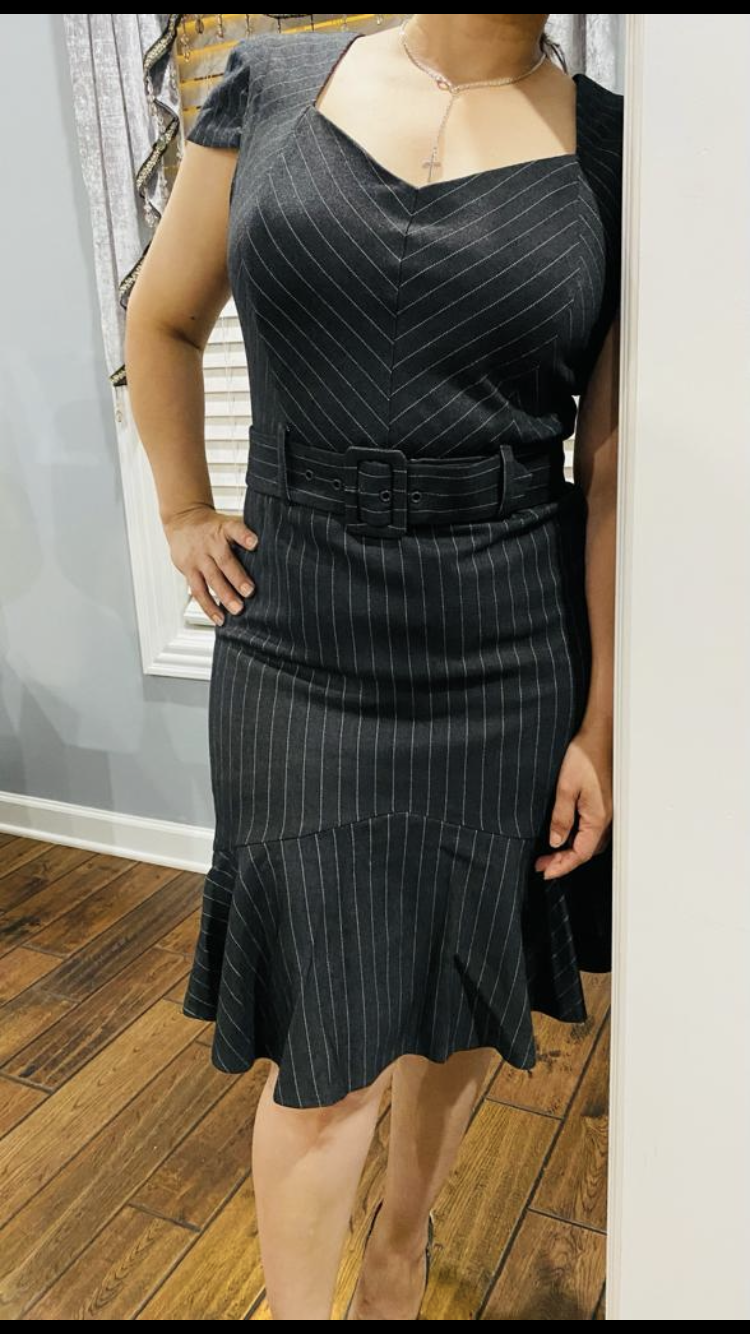 Cap sleeve Pinstriped Dress w/ belt