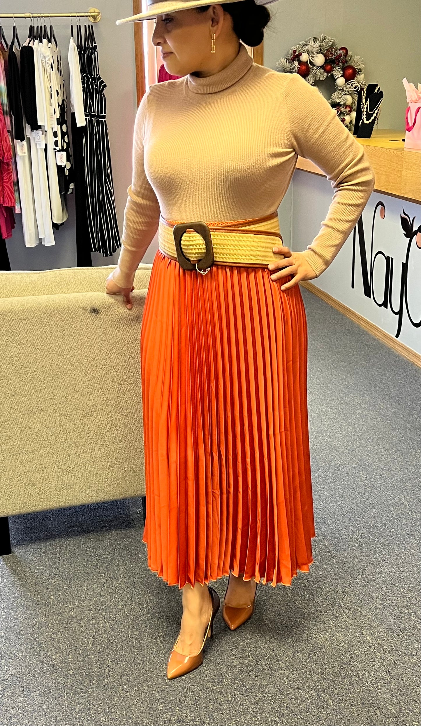 Orange Pleated Skirt