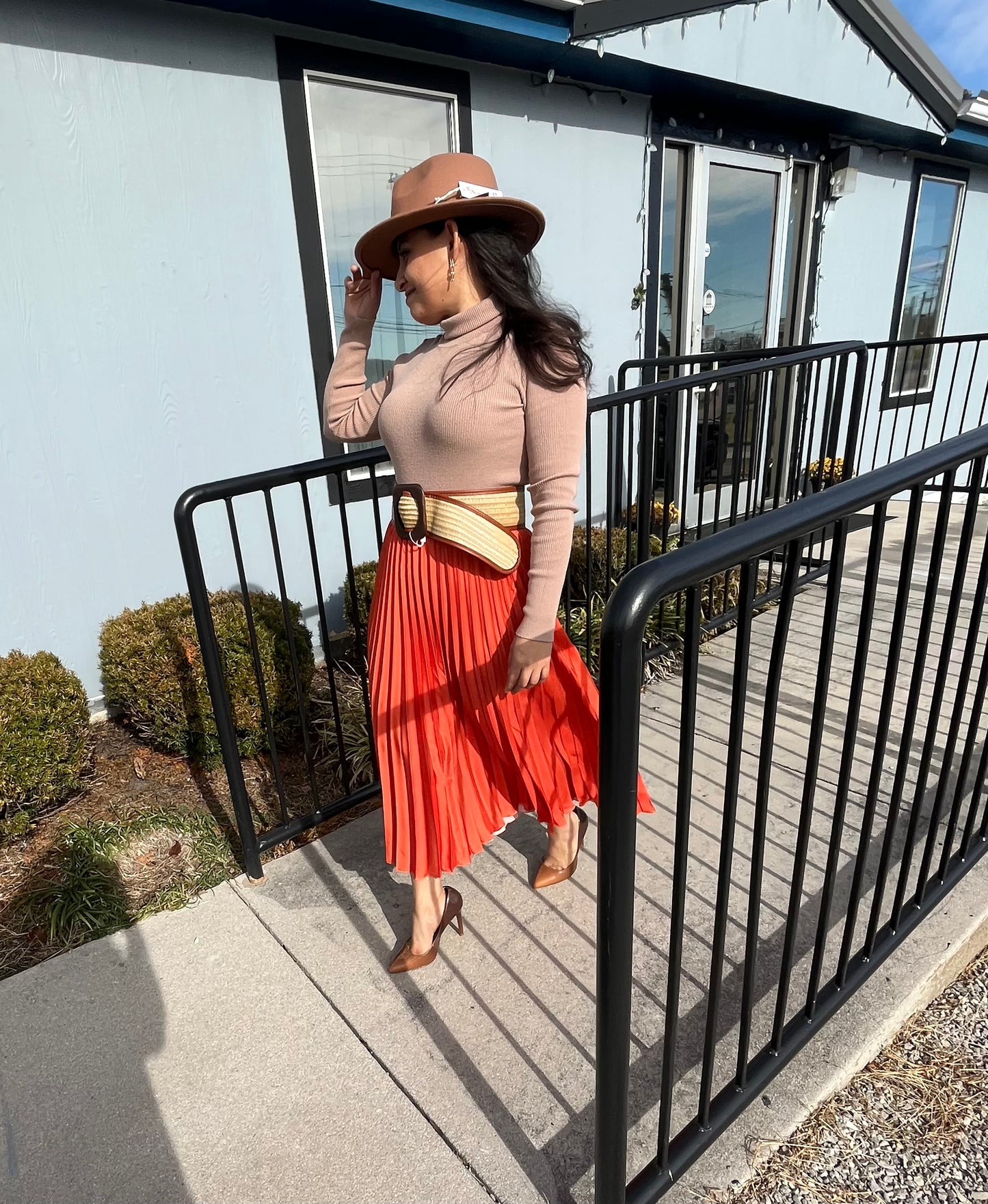 Orange Pleated Skirt